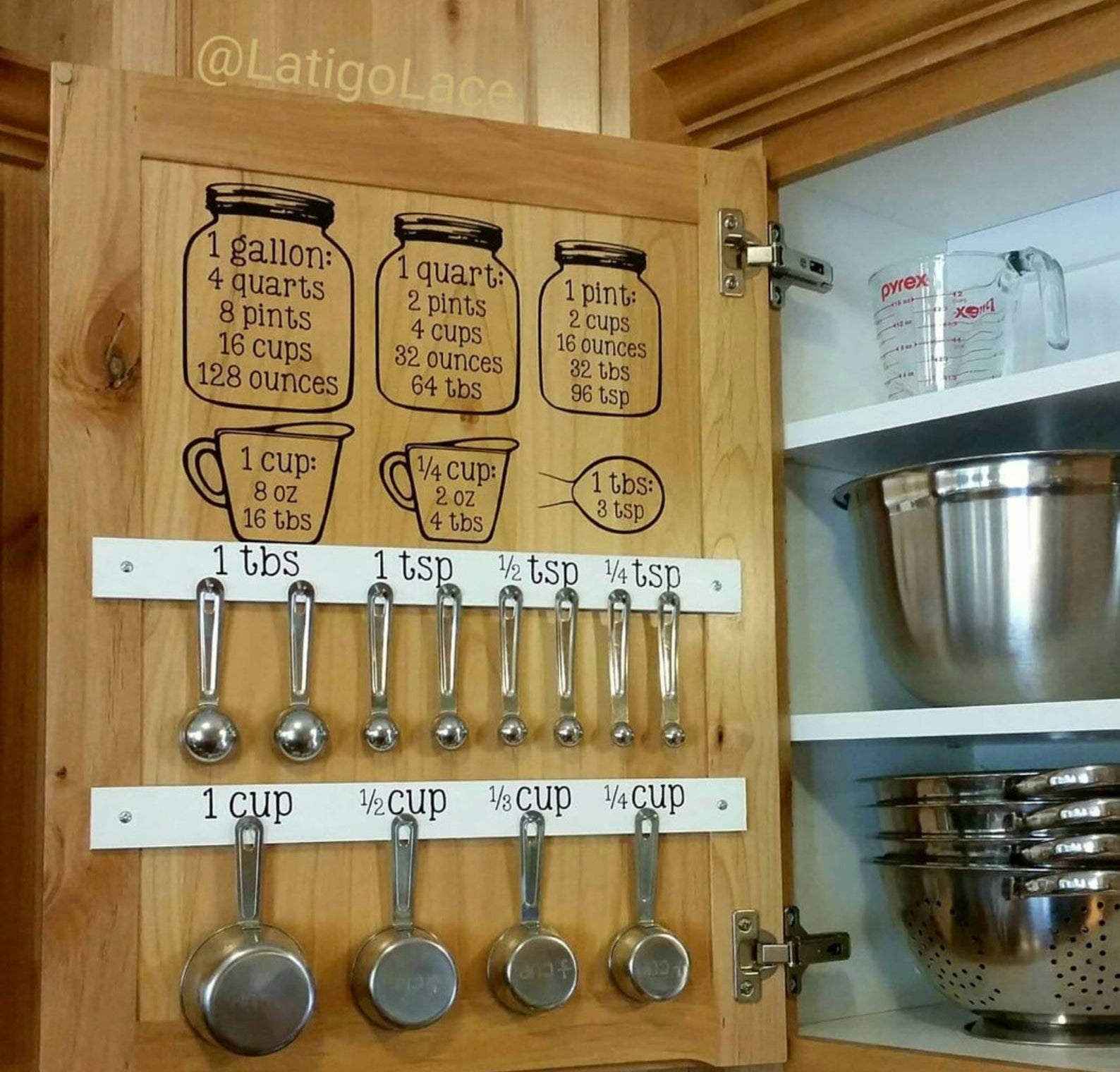 Decals hanging inside of a kitchen cabinet