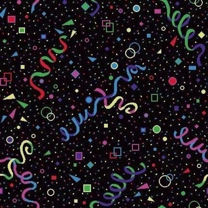 black rugs with colorful confetti and streamers similar to what you might see in a chuck e cheese 