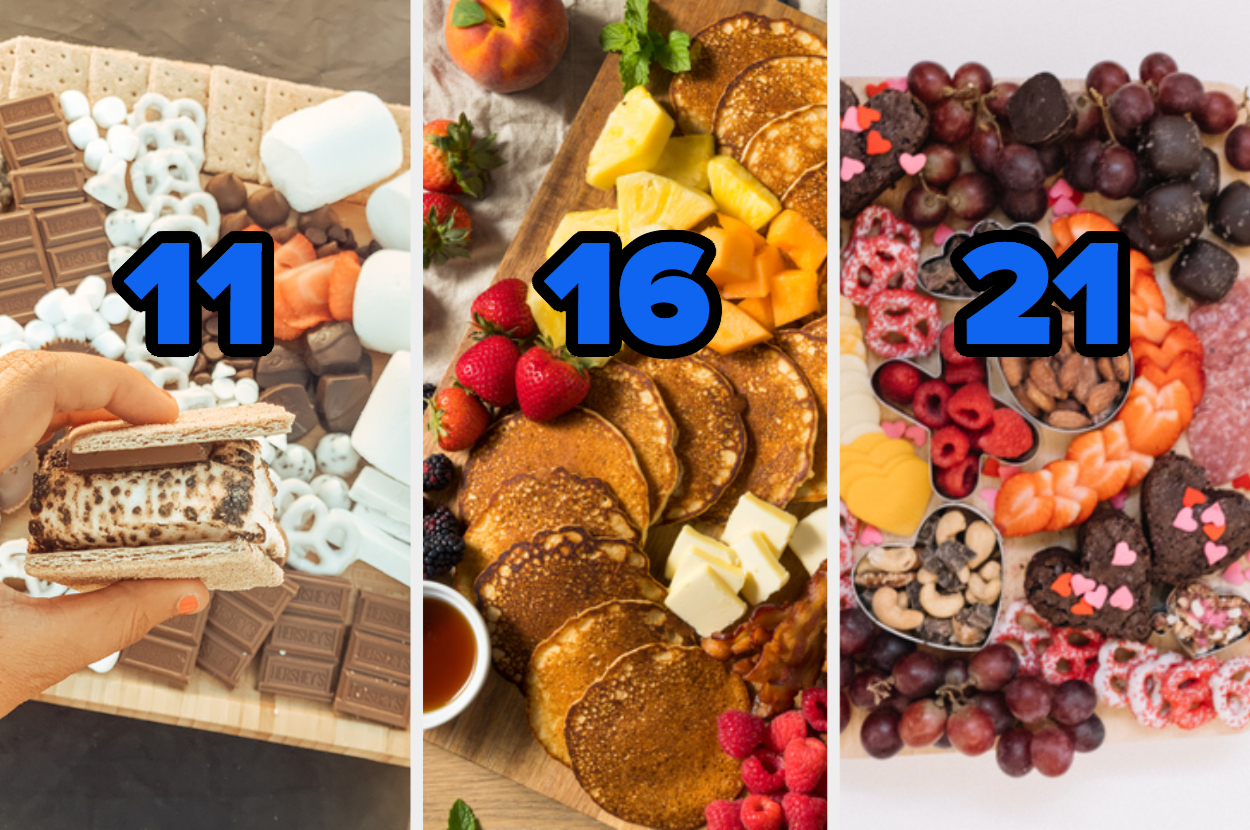 A s'mores board labeled 11, a pancake board labeled 16, and a chocolate and fruit board labeled 21