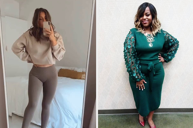 (left) Beige cropped hoodie (right) Green embellished sleeve dress