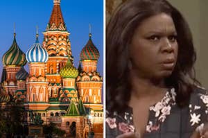 Side-by-side images of St. Basil's Cathedral and a confused Leslie Jones from SNL