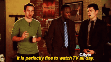 Nick Miller from New Girl saying &quot;It is perfectly fine to watch TV all day.&quot;