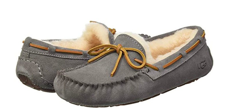 pair of grey Ugg moccasin slippers lined with wool