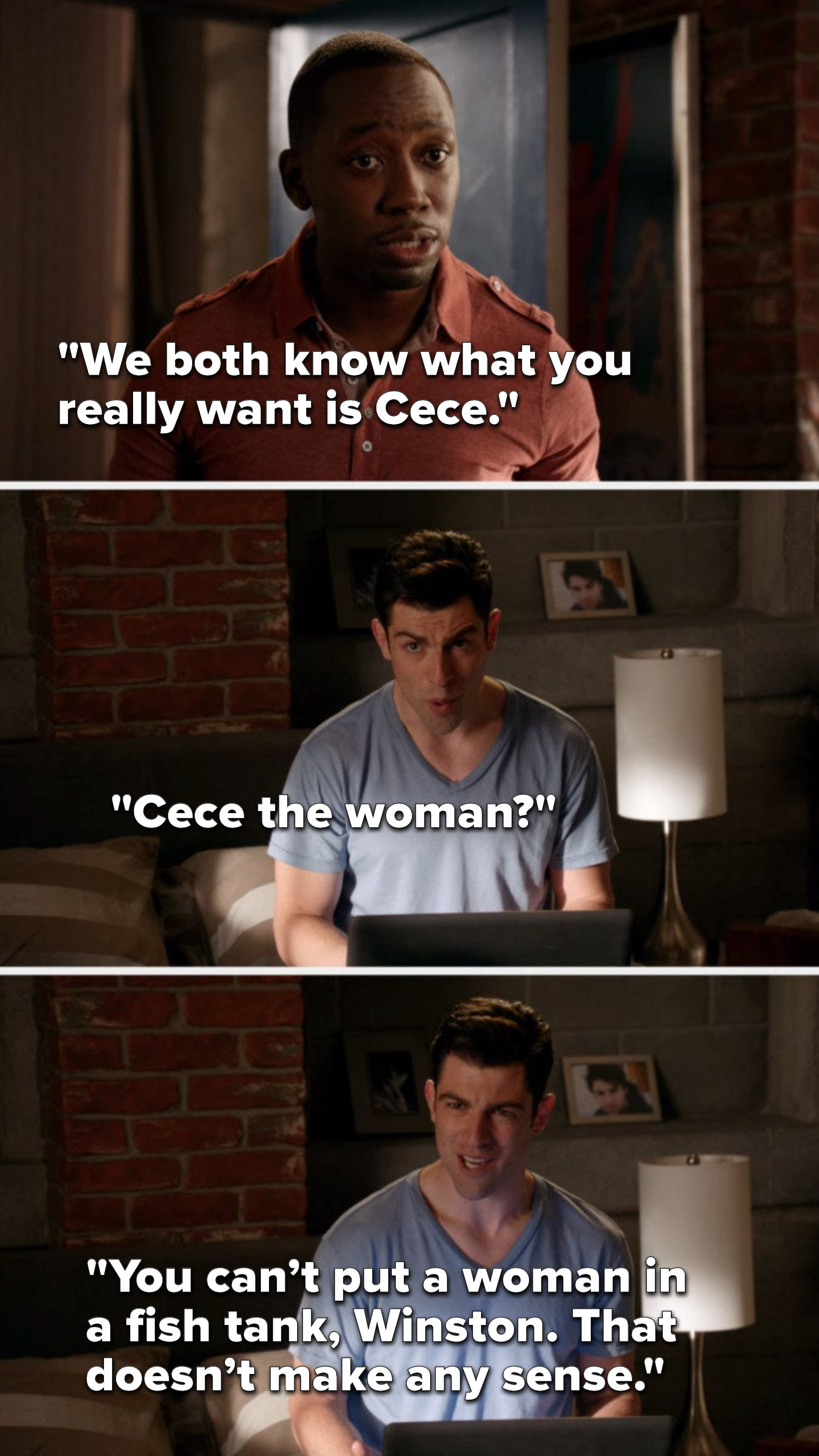 Winston says, &quot;We both know what you really want is Cece,&quot; and Schmidt says, &quot;Cece the woman, you can’t put a woman in a fish tank, Winston, that doesn’t make any sense&quot;