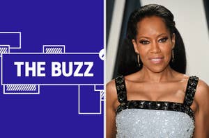 Splitscreen of purple graphic with THE BUZZ in white letters on the left side and a photo of Regina King on the right side (CREDIT: GETTY)