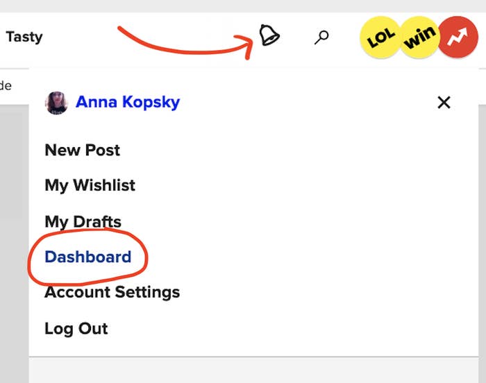 screenshot of buzzfeed's homepage with an arrow pointed to an animated bell. there's a list of options and the word "dashboard" is circled