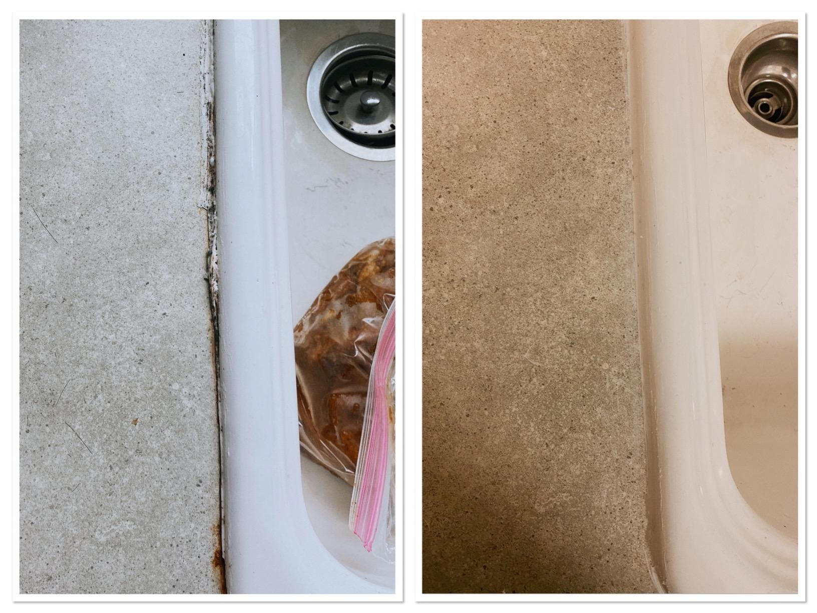 A reviewer&#x27;s before and after photos which first show a rusty gap between the counter and sink and now a perfectly resealed sink 