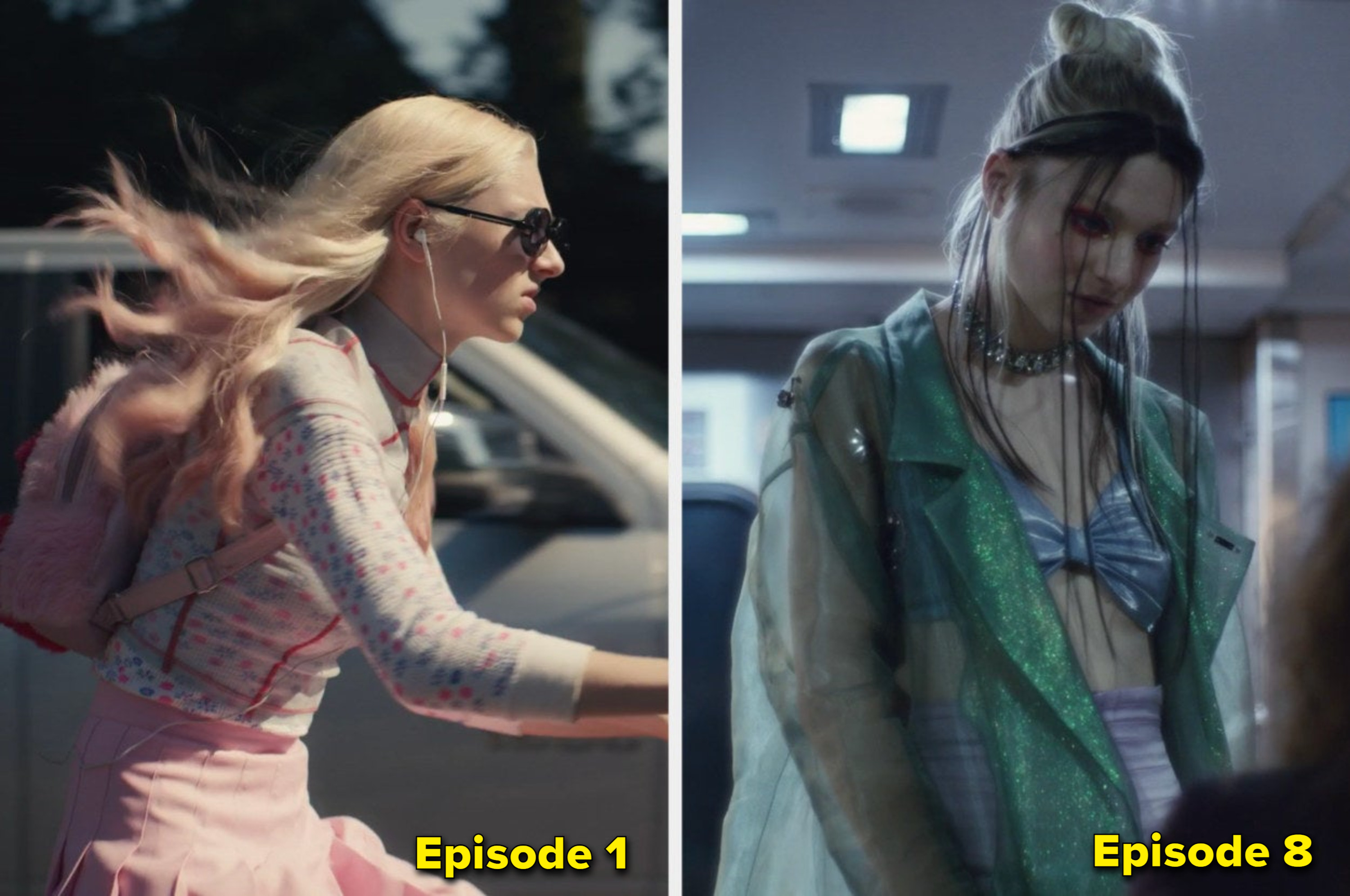 Episode one wearing a skirt and polka dot top and Episode 8 wearing darker colors and sheer button downs