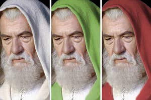 Gandalf dressed in white, green, and red robes