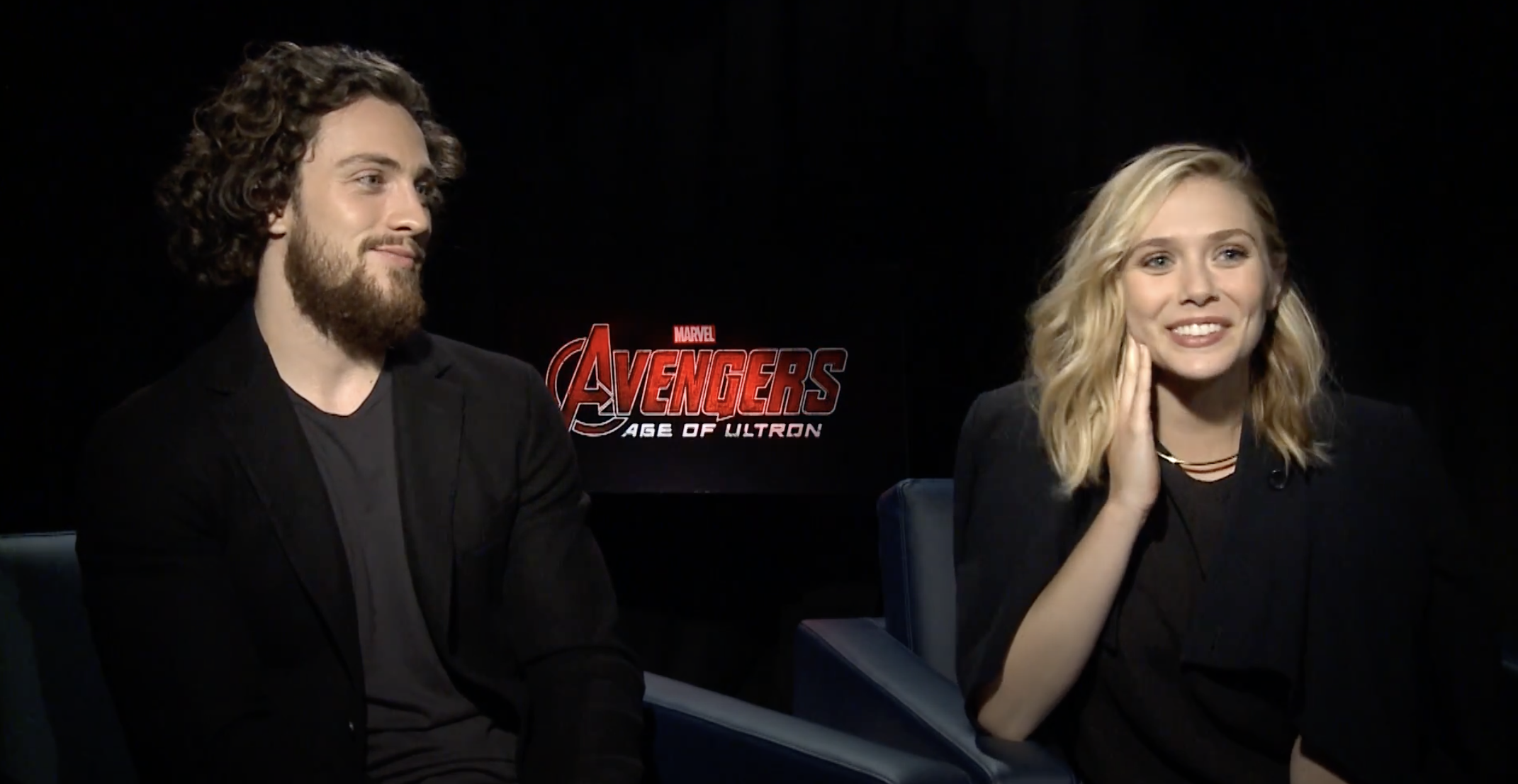 Elizabeth Olsen and Aaron Taylor-Johnson being interviewed about Avengers: Age of Ultron
