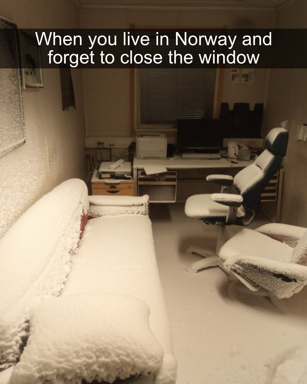snow covering a living room