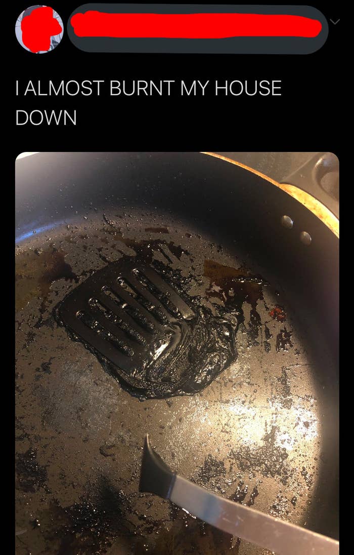 person who accidentally cooked a plastic spatula on a frying pan