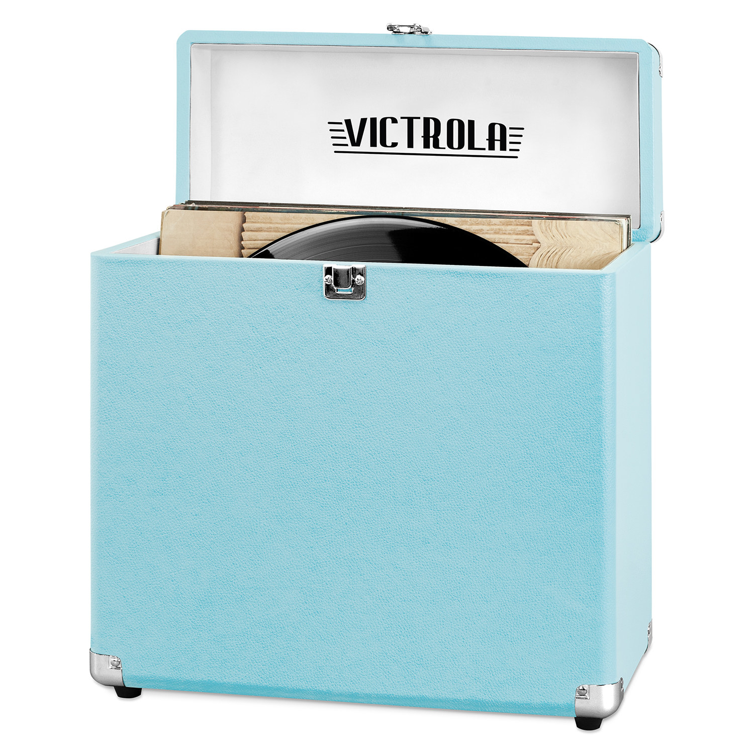 The case, which is shaped like a vinyl album, and has a hinged top, in turquoise