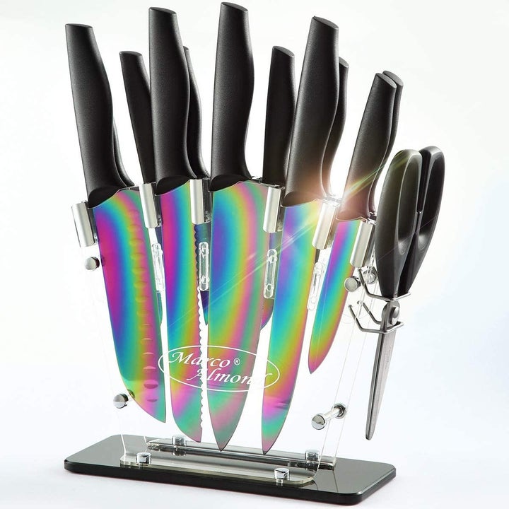 Complete iridescent knife set and scissors in a clear stand