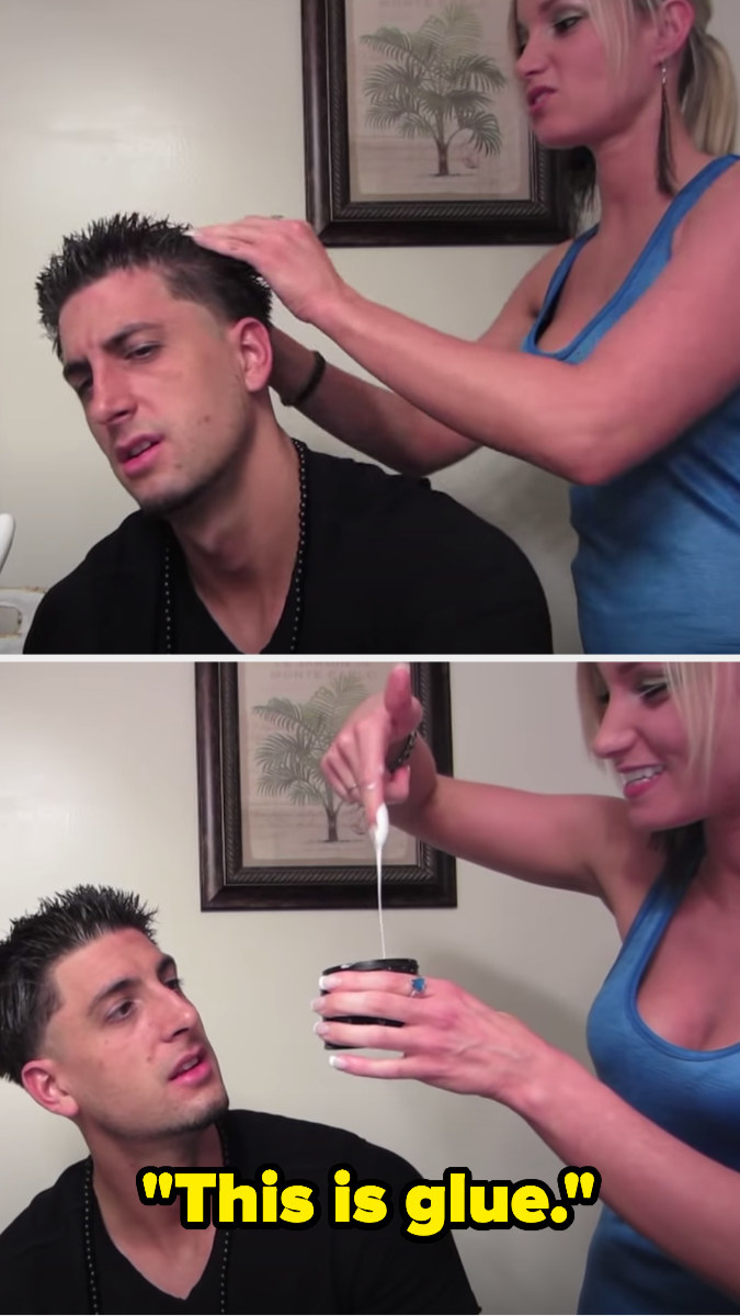 The popular former YouTube couple channel &quot;prank vs prank&quot; in a video where Jeana puts a thick gel in Jesse&#x27;s hair then says, &quot;This is glue&quot;