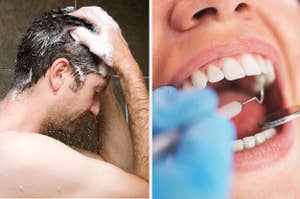 An open mouth being worked on by a dentist next to a man showering
