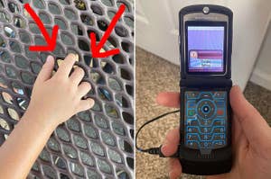 A hand grabbing on to the holes in a lunch table, and a Motorola Razr