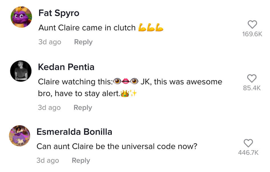 comments joking about Aunt Claire and asking it to become a universal code