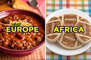 On the left, a bowl of chili topped with cheese labeled "Europe," and on the right, some football-shaped cookies on a plate labeled "Africa"