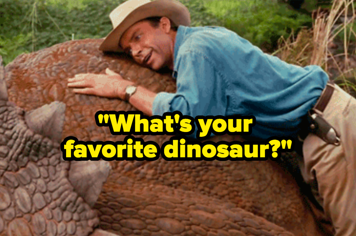 Sam Neil in "Jurassic Park" with text asking, "What's your favorite dinosaur?"