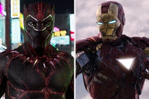 Side-by-side images of Black Panther and Iron Man both in photoshopped suits