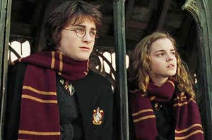 Harry and Hermione wearing their gryffindor scarves