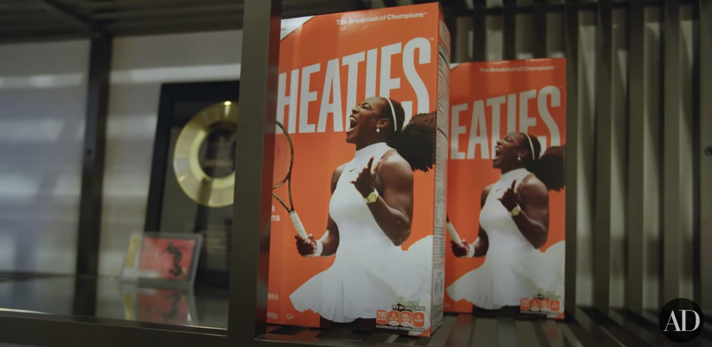 A Wheaties box with Serena Williams on the front of the box