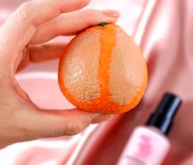 An orange with and without the Touch in Sol No Poreblem primer applied under foundation