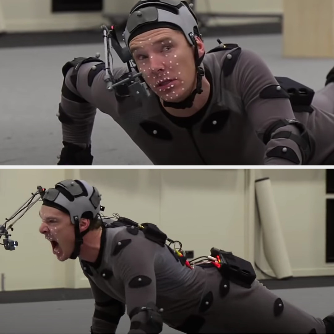 in a motion capture tight suit and helmet and with his face covered in dots, Benedict moves on the ground and roars like a dragon