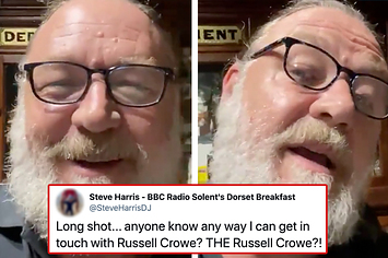 Side-by-side of Russell Crowe smiling and talking to the camera