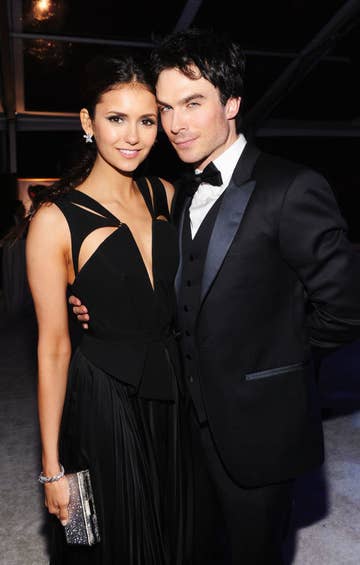 Nina Dobrev (L) and Ian Somerhalder at the 20th Annual Elton John AIDS Foundation Academy Awards in Beverly Hills in February 2012