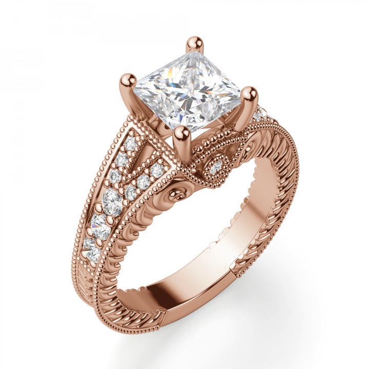 the rose gold ring with diamond center and smaller diamonds on the band 