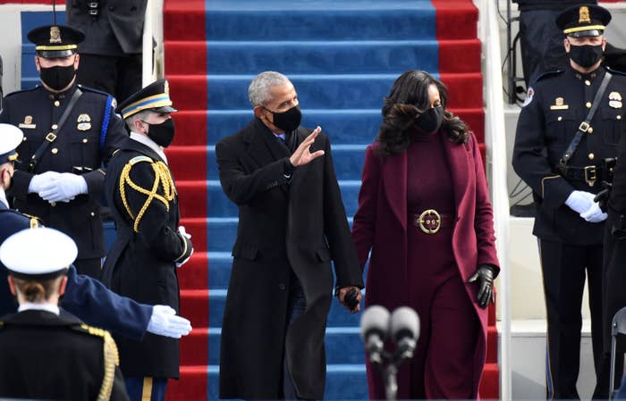 Barack and Michelle, with bouncy curly hair, Obama at President Joe Biden&#x27;s inauguration