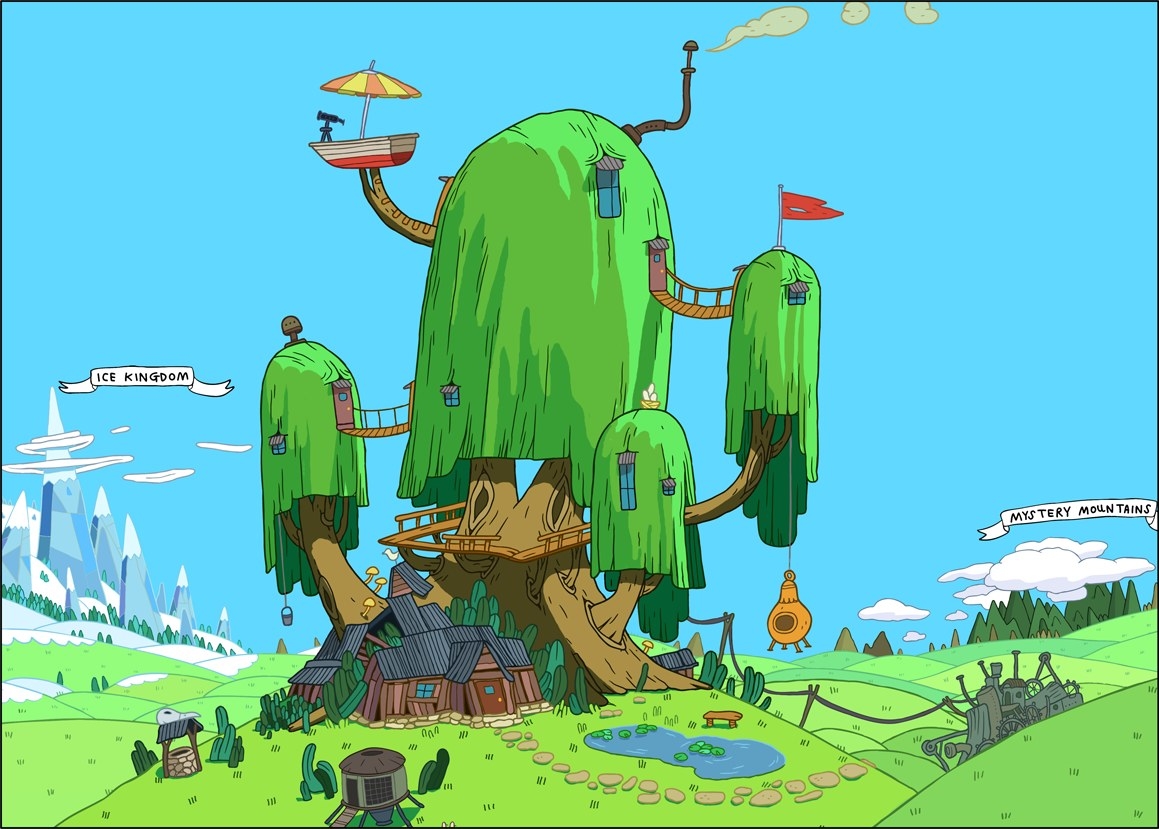 A large cartoon willow tree with windows and doors in the leaves and some bridges connecting the doors.