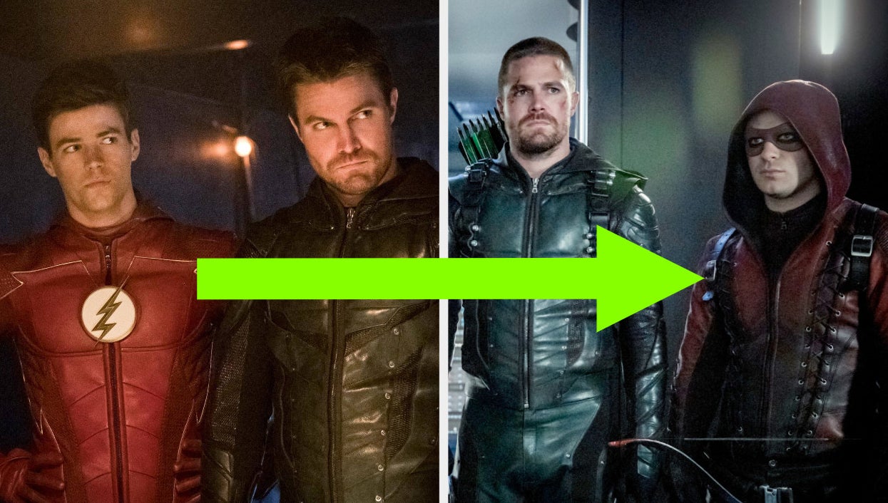 Barry and Oliver on Arrow with an arrow pointing to a photo of Roy and Oliver on Arrow