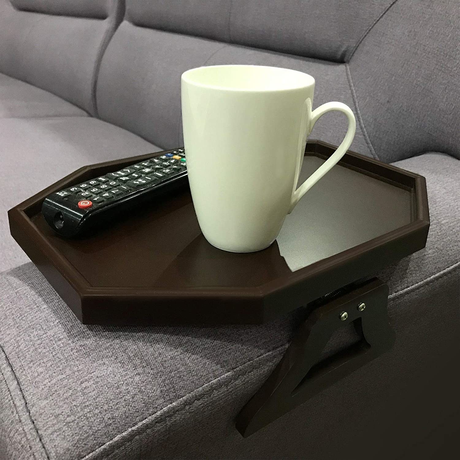 Brown APMAX Sofa Arm Clip Table Plastic Armrest Tray Table Clip-On Armchair Table Drinks/Remote Control/Snacks Holder 