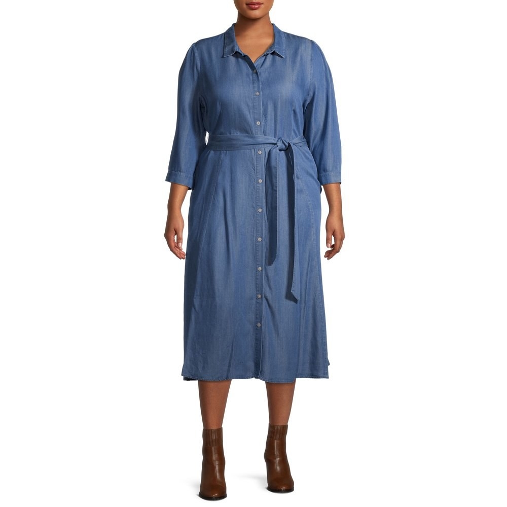 Model in belted shirtdress