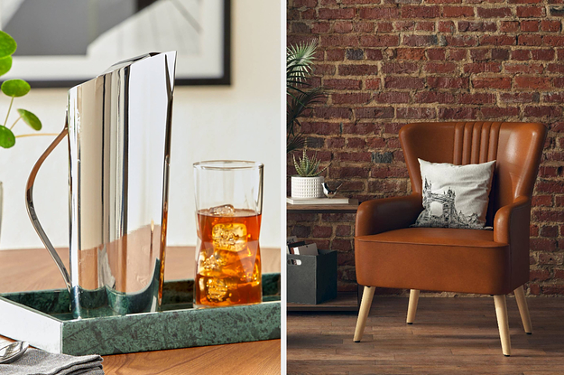 silver pitcher and brown armchair