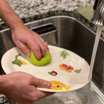 Reviewer using Swedish dishcloth to wash a plate