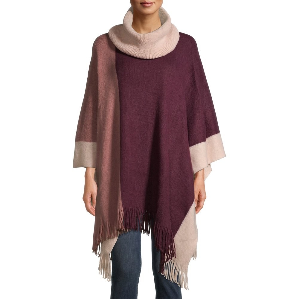 Model in cowl pink colorblock neck poncho