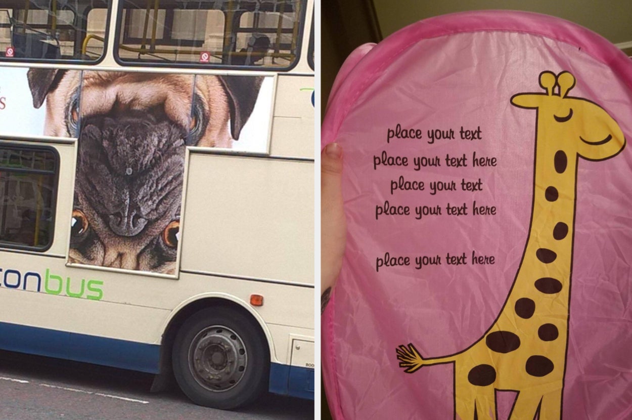 A bus with the middle image of a pug put up the wrong way next to a picture of a hamper that reads "place your text here"