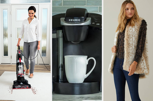 person vacuuming on the left, a black keurig in the middle, and a model wearing a fur vest on the right