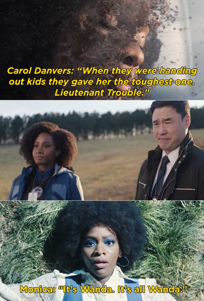 Carol Danvers voiceover saying, "When they were handing out kids they gave her the toughest one. Lieutenant Trouble" and Monica lying on the ground and saying, "It's Wanda"