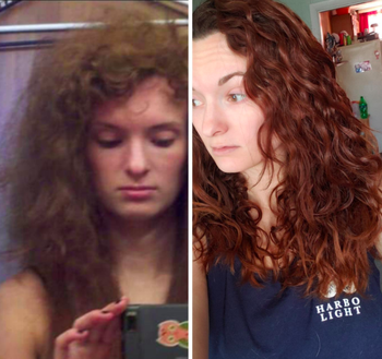 Reviewer's hair before using the diffuser with frizzy hair and after with more defined curls