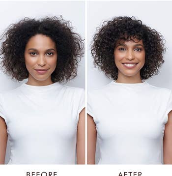 A model's hair before using the cream and after showing more defined curls 