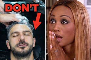 A man getting his hair washed next to a shocked face