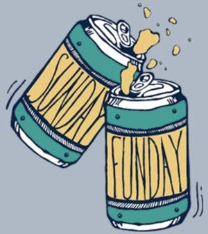 A design template with two beer cans clinking, one reading "Sunday" the other reading "Funday"