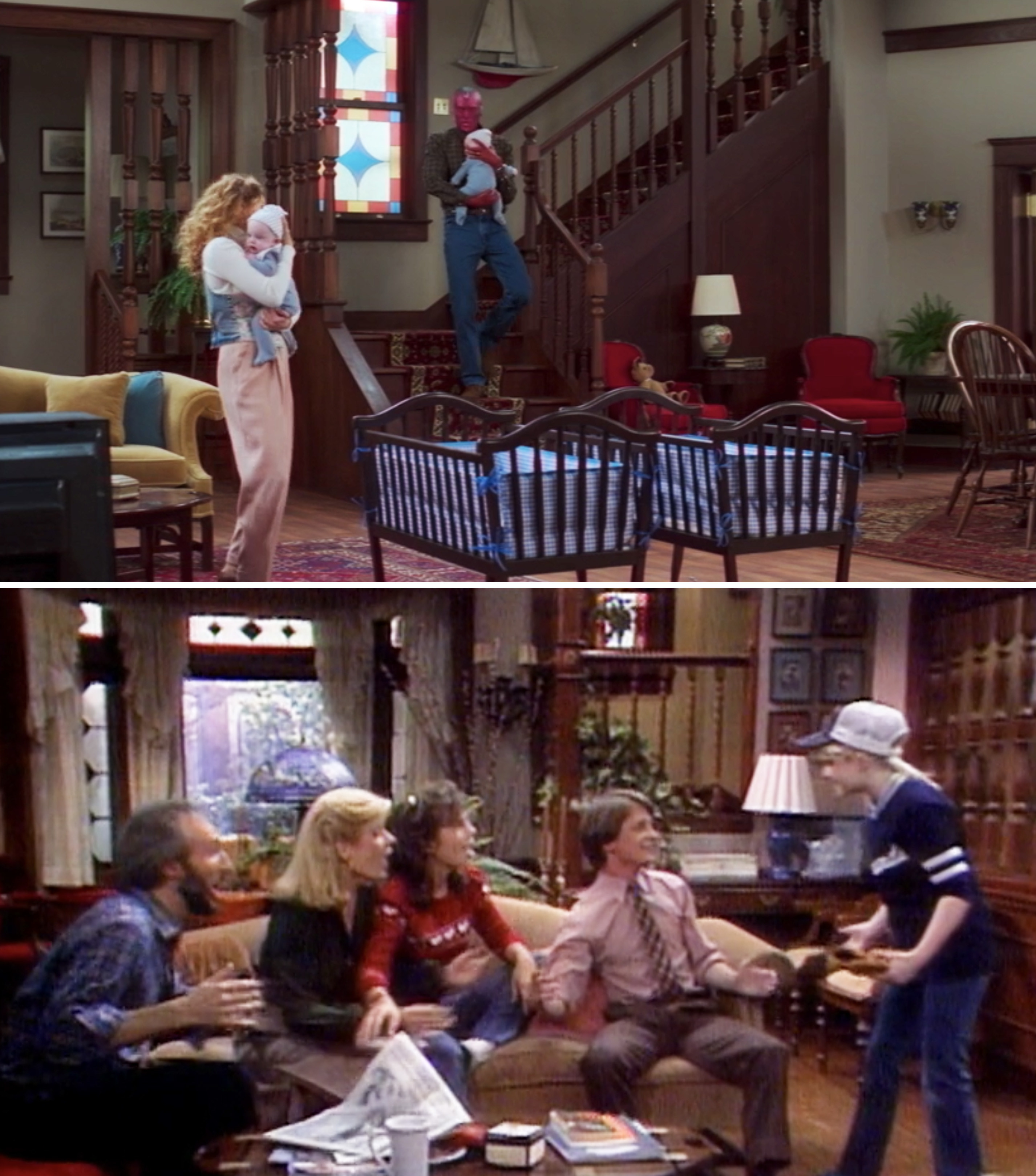 Wanda and Vision holding their twins in their living room vs. the Keaton family hanging out in their living on "Family Ties"