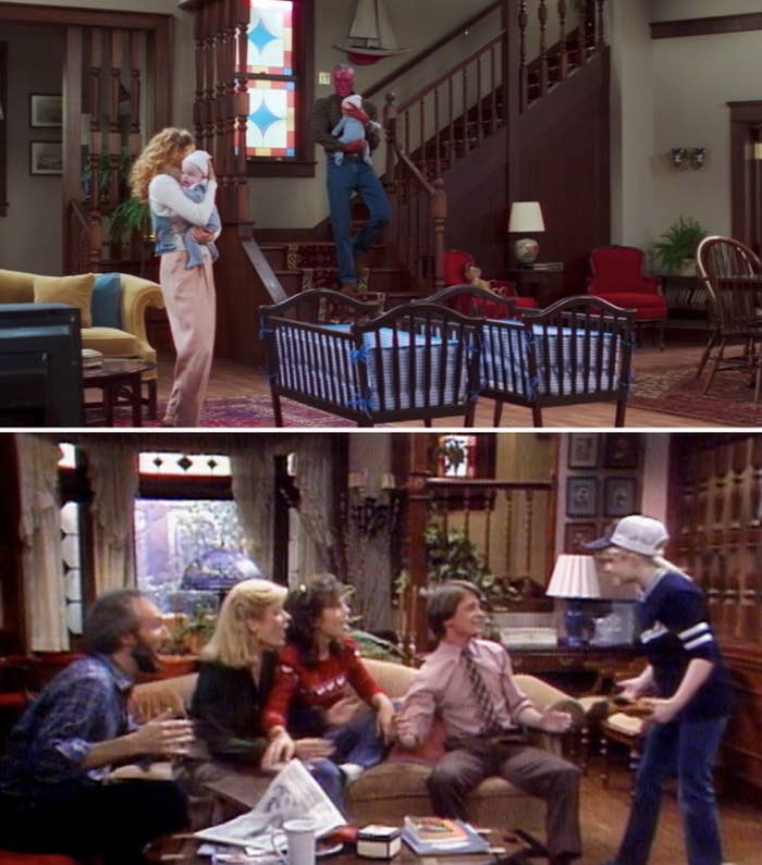 Wanda and Vision holding their twins in their living room vs. the Keaton family hanging out in their living on &quot;Family Ties&quot;