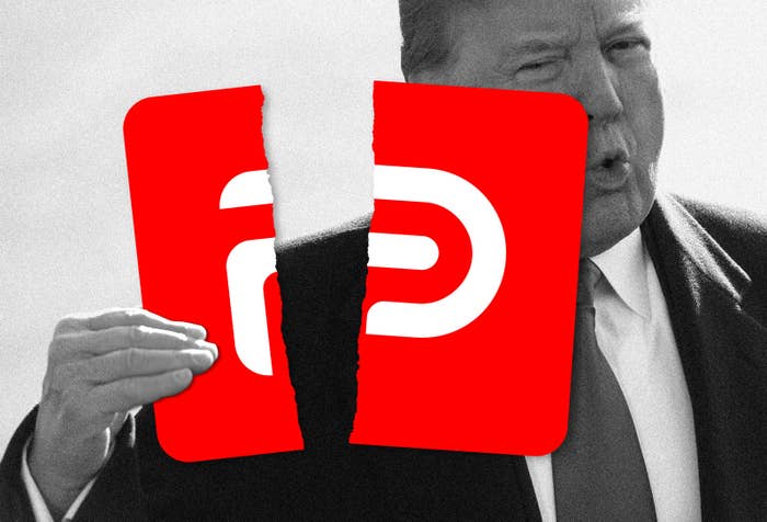 An illustration depicting Trump taking 40 percent of the Parler logo